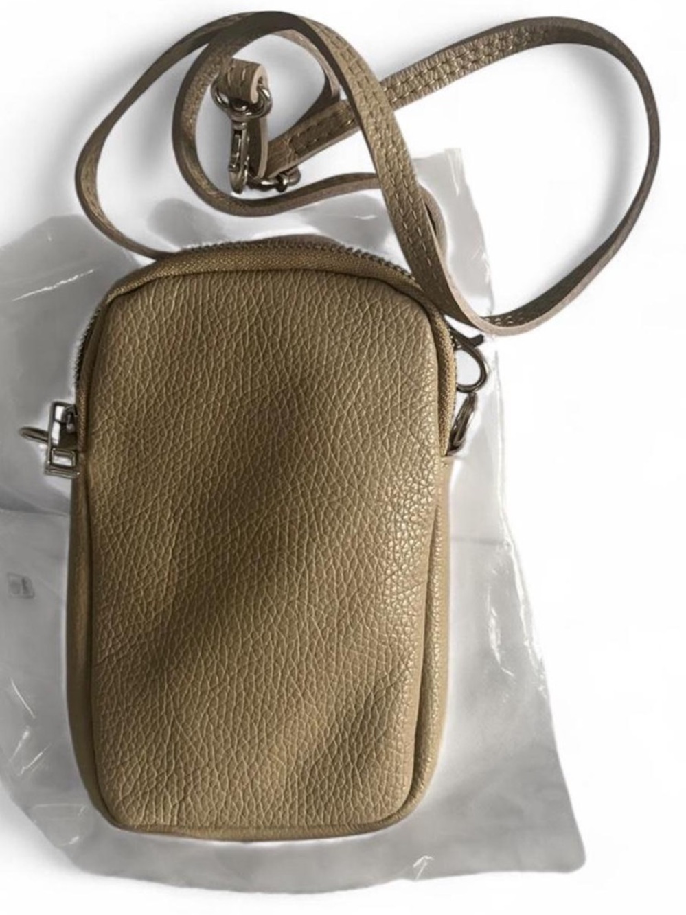 Beige Pebbled Italian Leather Crossbody Bag 5x8 inch